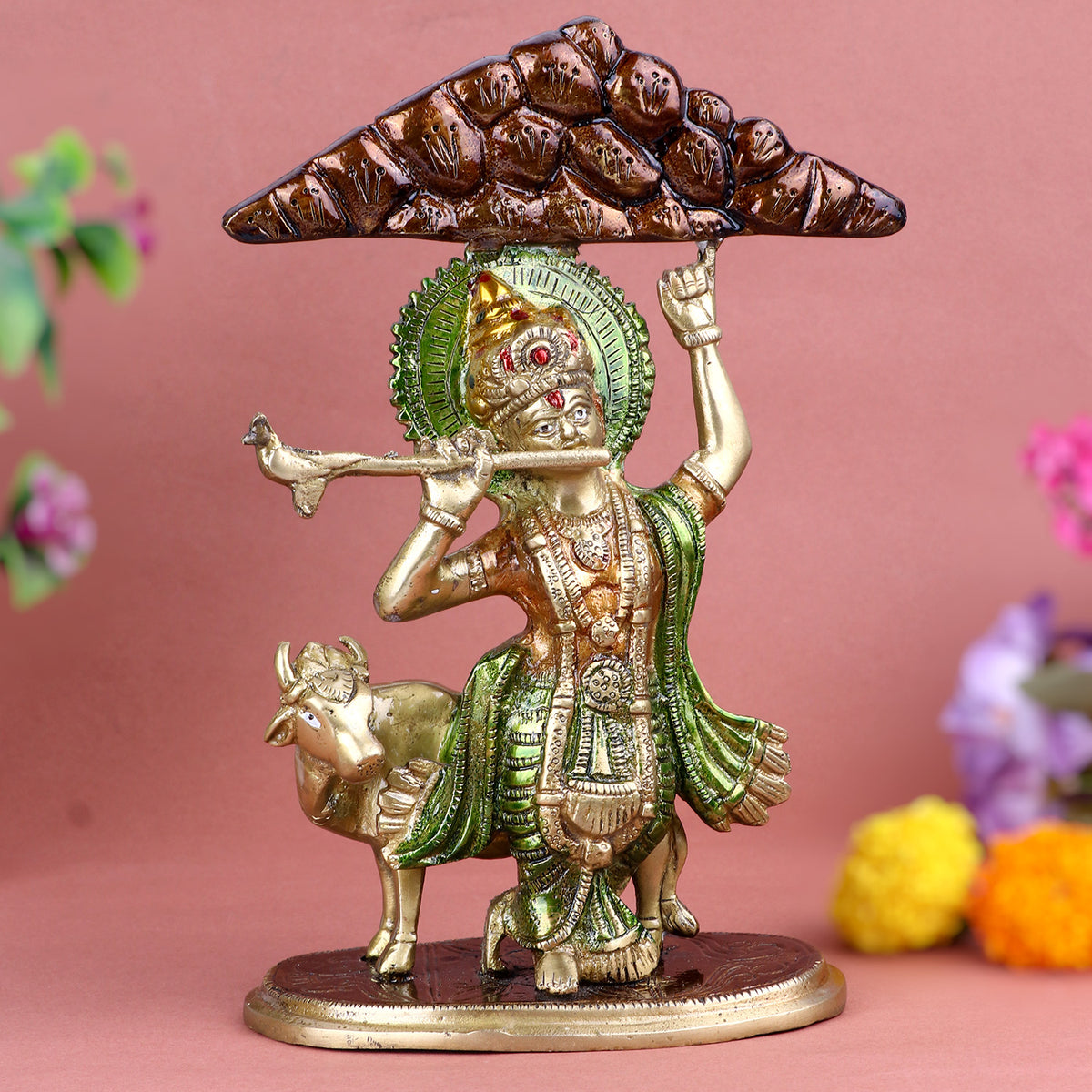 Brass Krishna Hold Mount Govardhan Idol  Buy Online God Statue –