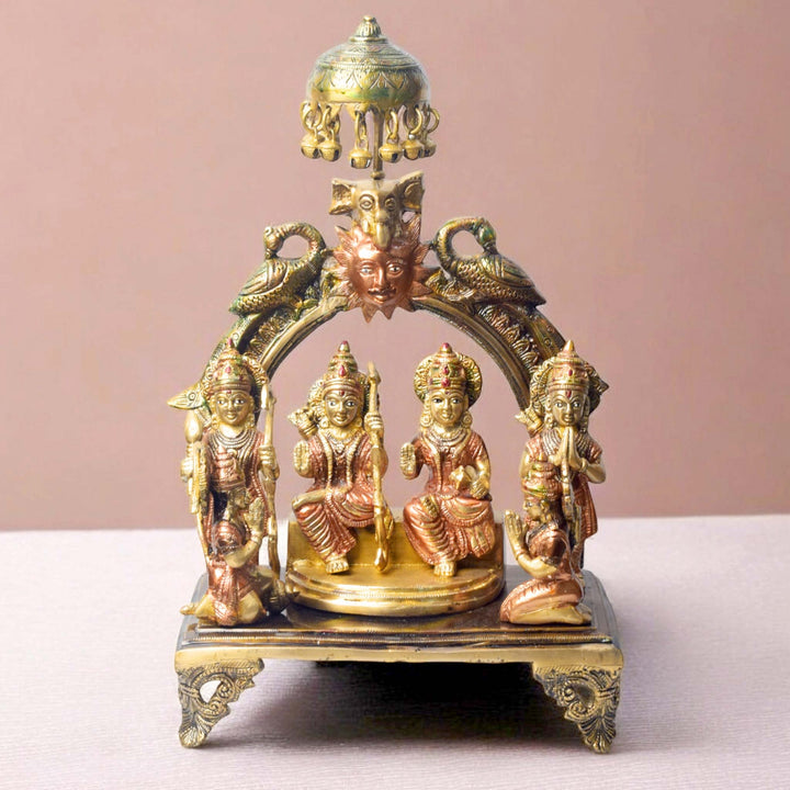 Enhance your spiritual space with this beautifully crafted 13.5-inch Brass Ram Panchayat Idol. Featuring the revered figures of Lord Ram, Sita, Lakshman, and Hanuman, this idol beautifully represents the harmony, strength, and devotion of the Ramayan. 