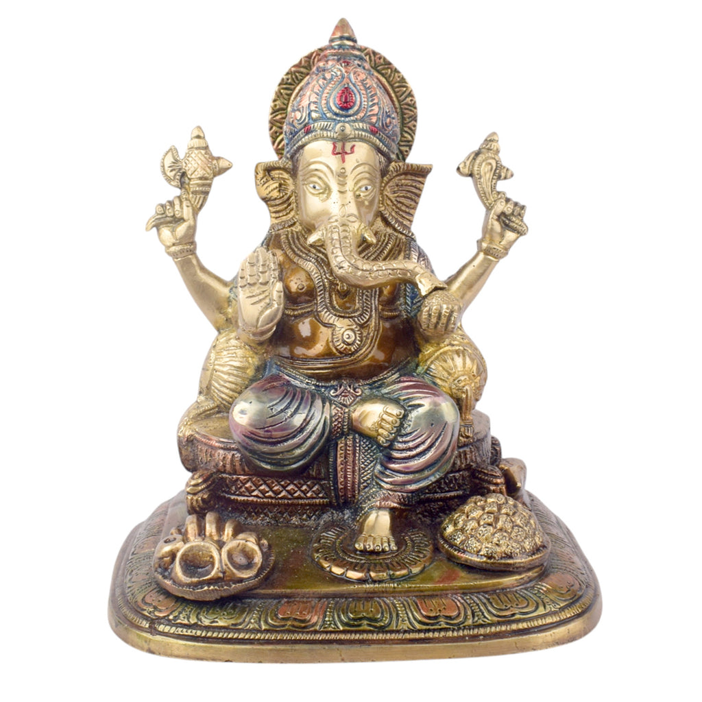 The "9.1 Inch Sacred Ganesh Idol" is a beautifully crafted statue of Lord Ganesha, symbolizing wisdom, success, and the removal of obstacles. Standing at 9.1 inches tall, it features intricate detailing and traditional attributes like the axe, lotus, and modak.