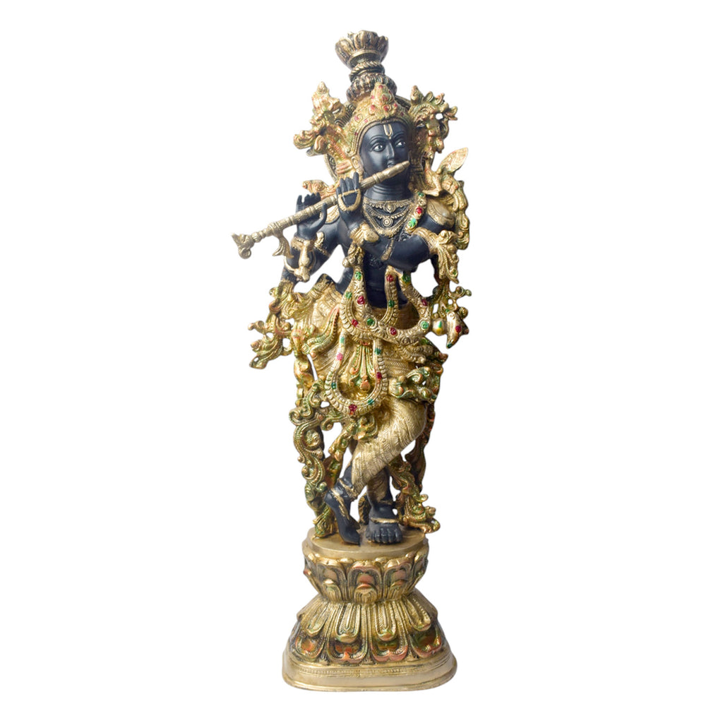  Elevate your space with the majestic 28-inch Brass Krishna Sculpture, designed with exquisite artistic detailing. This grand piece beautifully depicts Lord Krishna in a graceful and serene posture, showcasing intricate craftsmanship that highlights every delicate feature. 