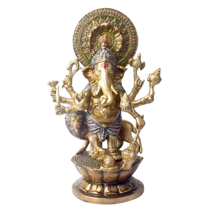 The "11.6 Inch Ganesh Idol" is a majestic and detailed representation of Lord Ganesha, embodying divine presence, prosperity, and new beginnings. Standing at 11.6 inches tall, this idol features intricate craftsmanship, capturing Ganesha’s serene expression and symbolic attributes, including his axe, lotus, and modak.