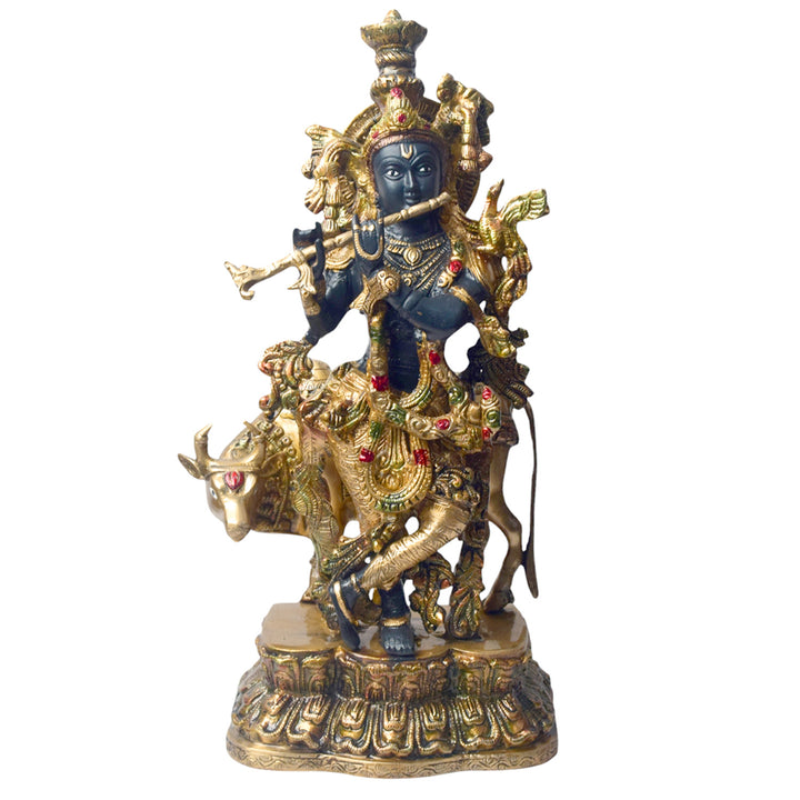 Enhance your space with the divine presence of this 17-inch Brass Krishna Statue with Cow. This beautifully crafted sculpture features Lord Krishna in a serene pose, accompanied by a cow, symbolizing the deep connection between the divine and nature.