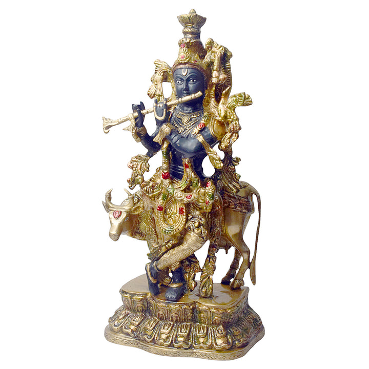 Enhance your space with the divine presence of this 17-inch Brass Krishna Statue with Cow. This beautifully crafted sculpture features Lord Krishna in a serene pose, accompanied by a cow, symbolizing the deep connection between the divine and nature.