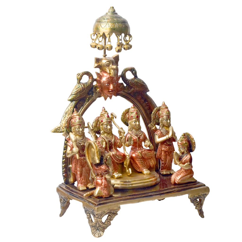 Enhance your spiritual space with this beautifully crafted 13.5-inch Brass Ram Panchayat Idol. Featuring the revered figures of Lord Ram, Sita, Lakshman, and Hanuman, this idol beautifully represents the harmony, strength, and devotion of the Ramayan. 