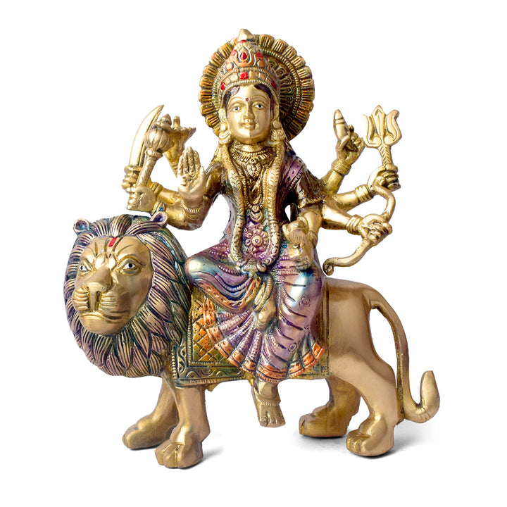 Embrace the powerful energy of Maa Durga with this 9-inch Brass 8-Armed Durga Idol, beautifully depicted riding her mighty lion. This meticulously crafted statue showcases Maa Durga in her most majestic form, symbolizing strength, courage, and divine protection.