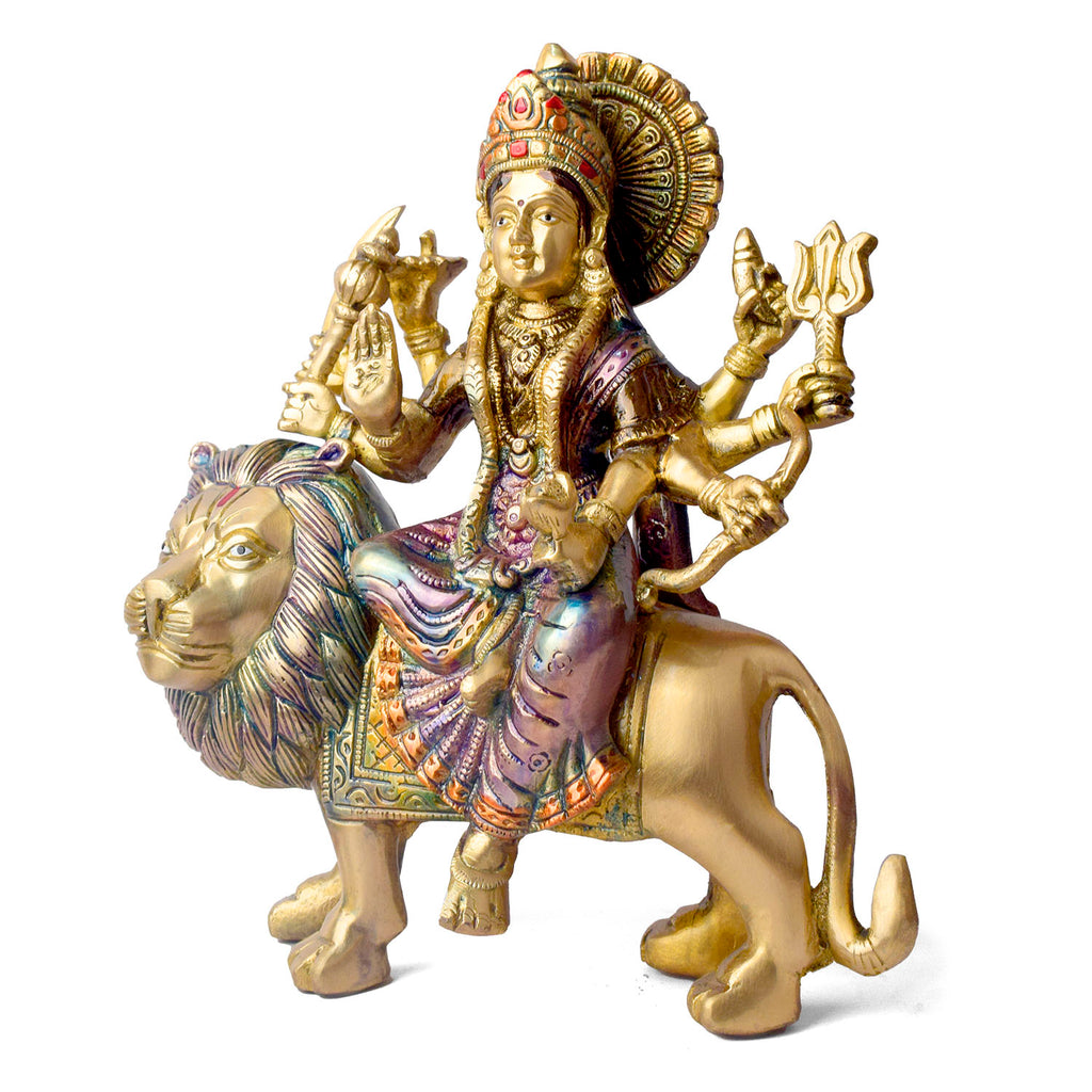 Embrace the powerful energy of Maa Durga with this 9-inch Brass 8-Armed Durga Idol, beautifully depicted riding her mighty lion. This meticulously crafted statue showcases Maa Durga in her most majestic form, symbolizing strength, courage, and divine protection.