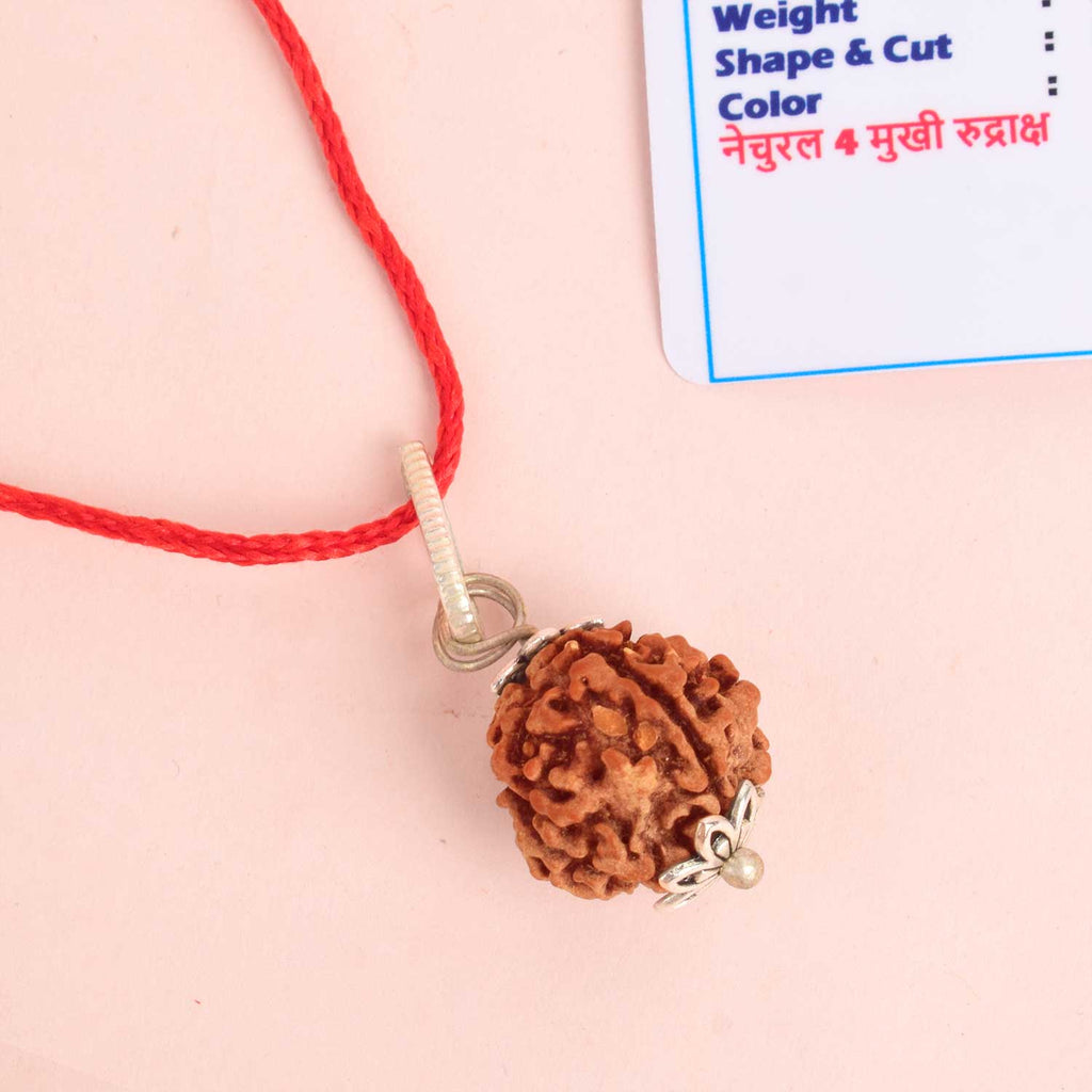 Certified 4 Mukhi Rudraksha Pendant with metal cap for communication and wisdom. India’s Premium Rudraksha Jap Mala Store- www.satvikstore.in
