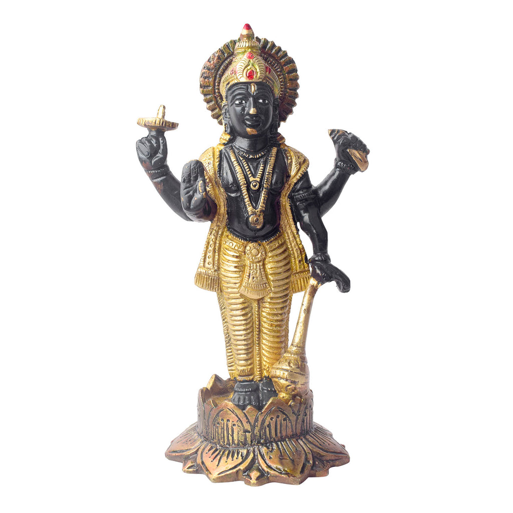 This elegant brass statue of Lord Vishnu seated on the mighty Seshnag is a powerful symbol of divine protection, balance, and cosmic order. The intricate craftsmanship beautifully depicts Lord Vishnu in his serene and majestic form, with the multi-headed Seshnag providing a protective canopy.