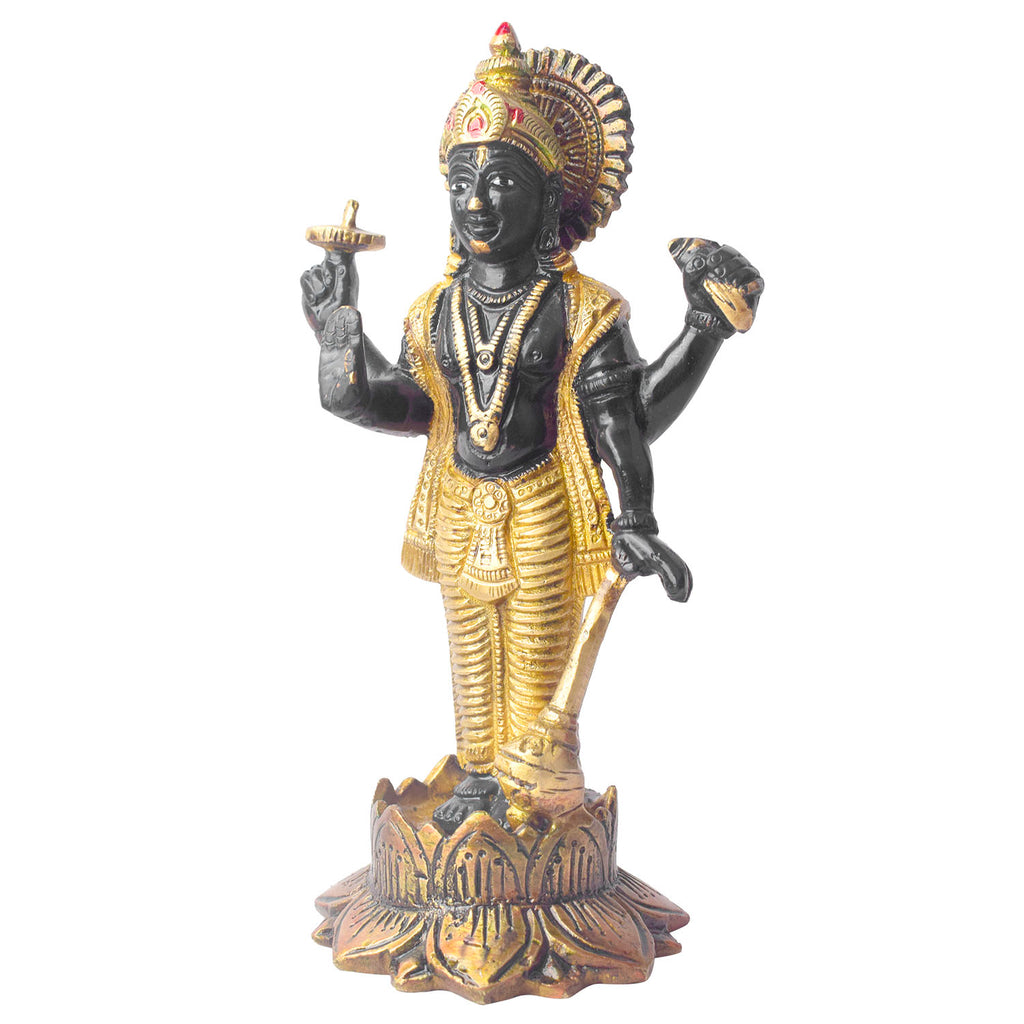 This elegant brass statue of Lord Vishnu seated on the mighty Seshnag is a powerful symbol of divine protection, balance, and cosmic order. The intricate craftsmanship beautifully depicts Lord Vishnu in his serene and majestic form, with the multi-headed Seshnag providing a protective canopy.