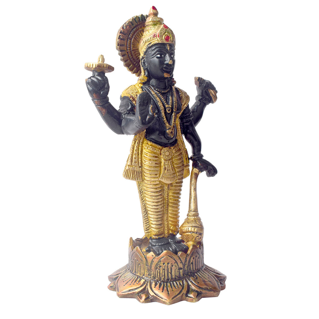 This elegant brass statue of Lord Vishnu seated on the mighty Seshnag is a powerful symbol of divine protection, balance, and cosmic order. The intricate craftsmanship beautifully depicts Lord Vishnu in his serene and majestic form, with the multi-headed Seshnag providing a protective canopy.