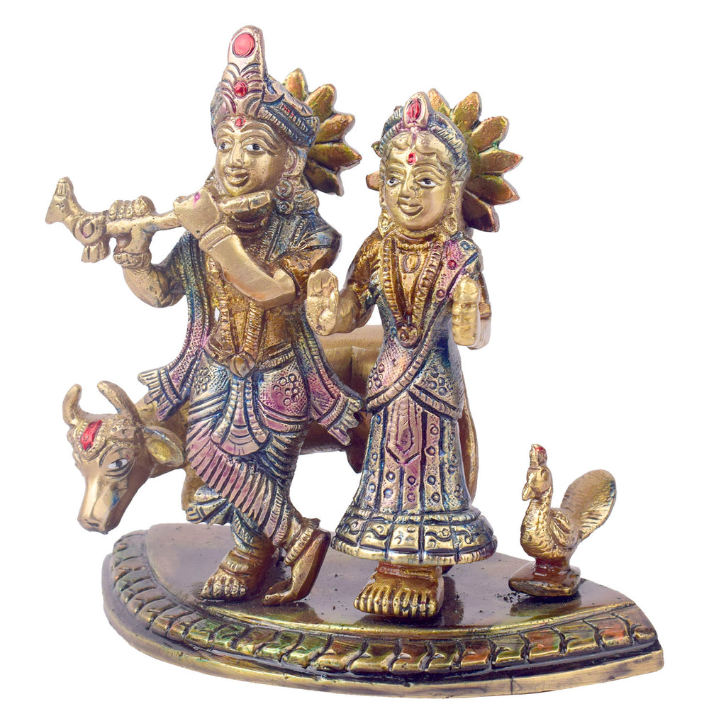  The 5.5 Inch Divine Radha Krishna with Kamdhenu Cow Idol is a captivating symbol of eternal love, harmony, and divine blessings. This beautifully crafted idol features Radha and Krishna in a serene pose, with Krishna playing his mesmerizing flute and Radha standing gracefully by his side. 