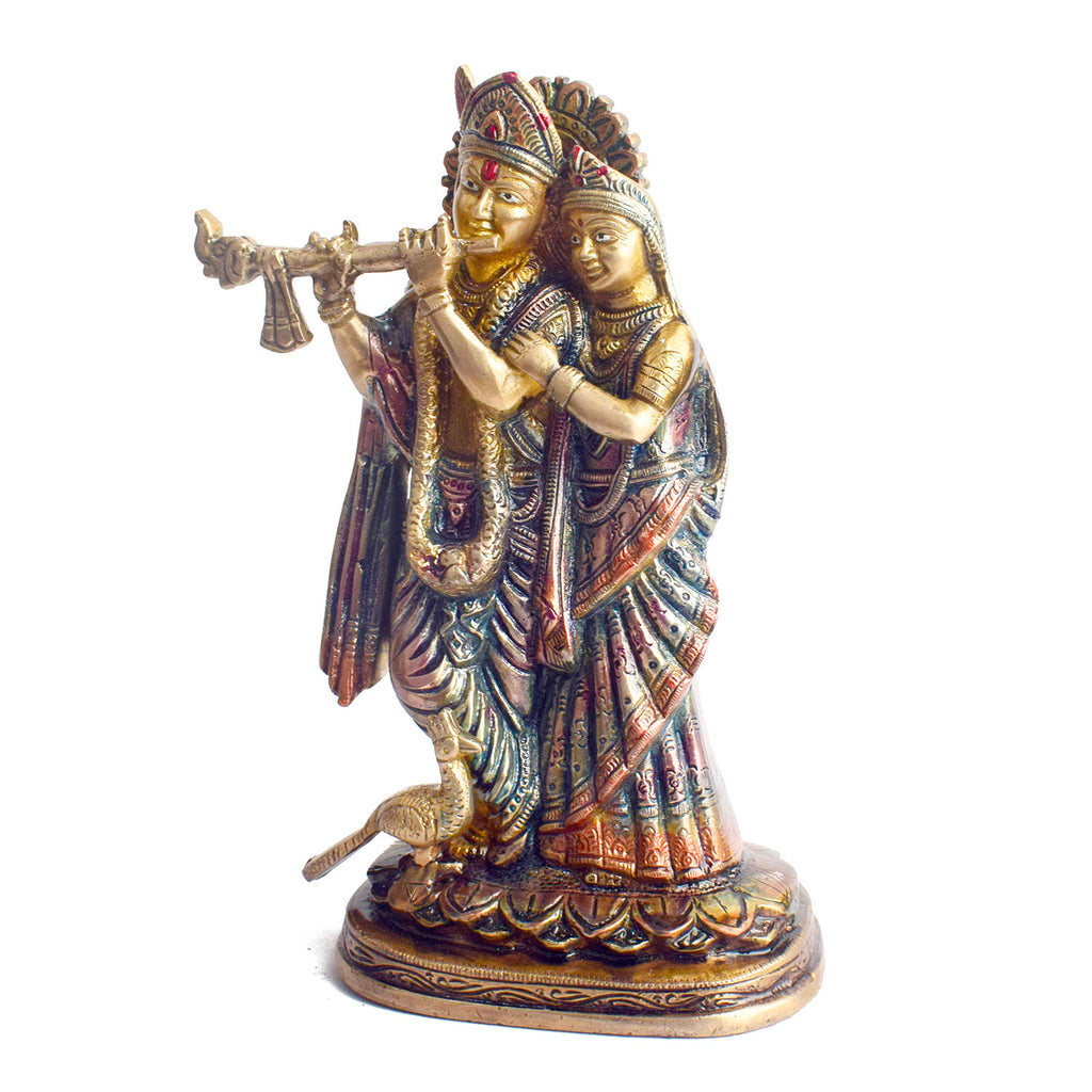 The 9 Inch Radha Krishna – Divine Presence in a Beautiful Idol is a stunning masterpiece that beautifully portrays the eternal love and devotion between Radha and Krishna. This intricately crafted idol captures the divine couple in an elegant and serene pose, with Krishna playing his enchanting flute and Radha radiating grace and love.