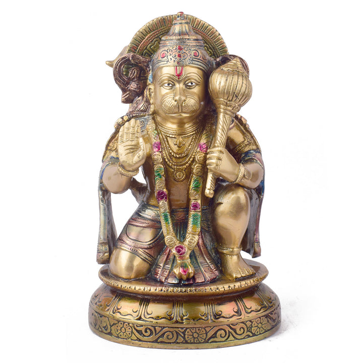 The "10.6 Inch Brass Hanuman Idol – Protector of Courage and Faith" is a stunningly detailed representation of Lord Hanuman, the embodiment of strength, devotion, and unwavering courage.