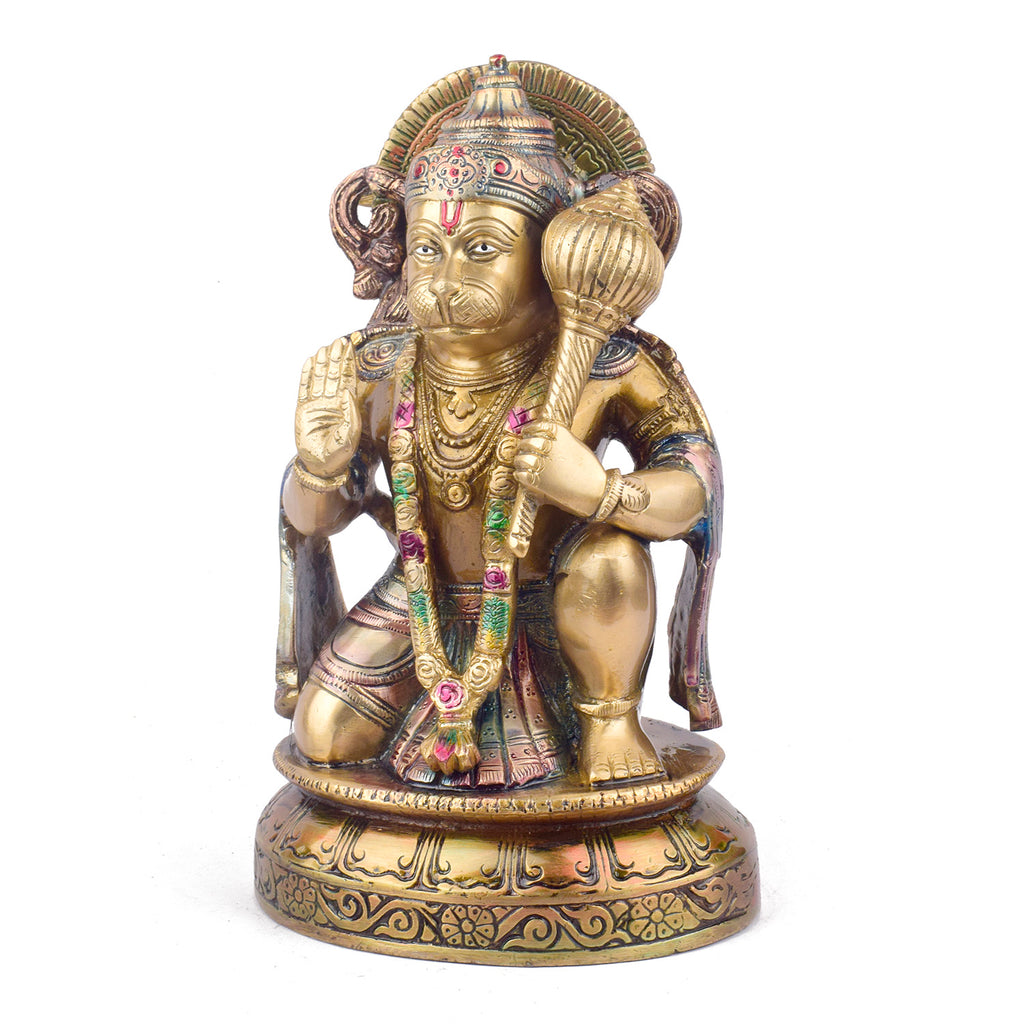 The "10.6 Inch Brass Hanuman Idol – Protector of Courage and Faith" is a stunningly detailed representation of Lord Hanuman, the embodiment of strength, devotion, and unwavering courage.