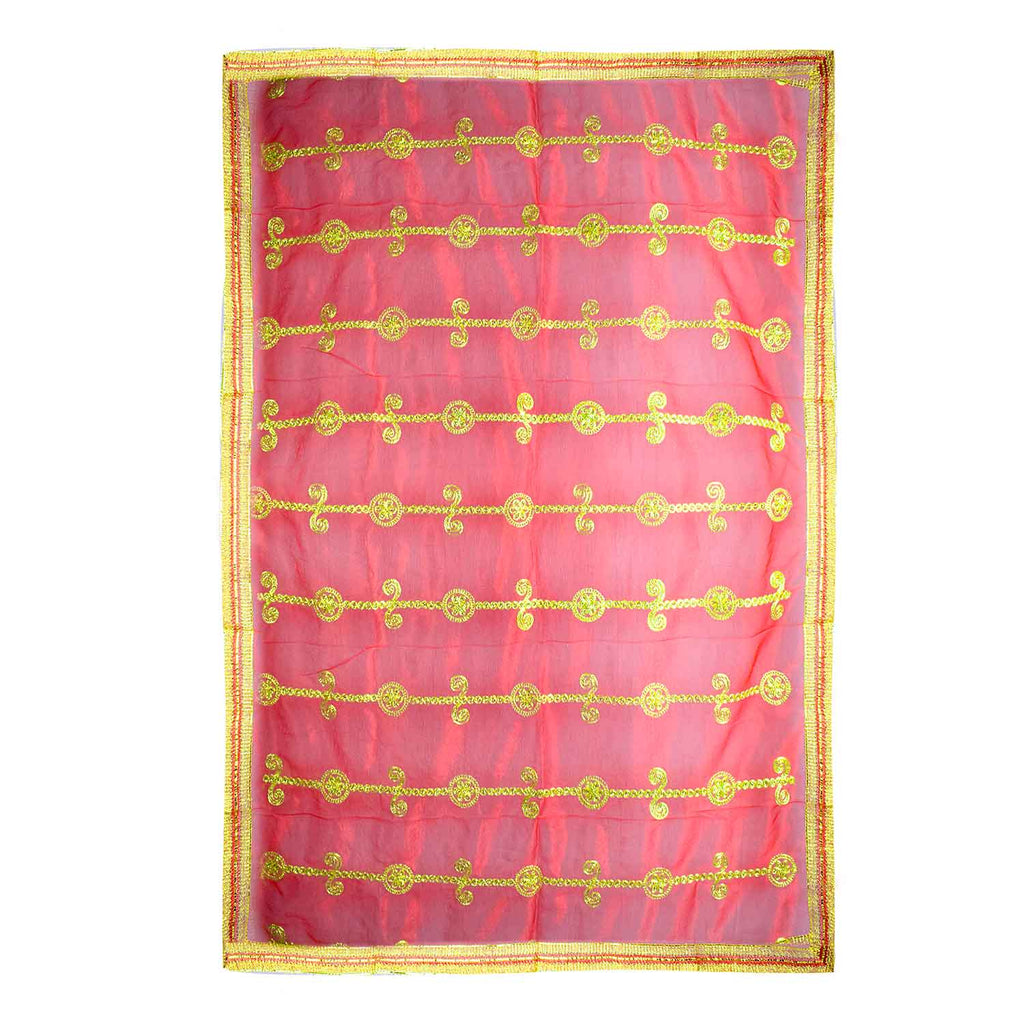 Beautiful Mata Ki Chunri with intricate golden embroidery in vertical patterns, featuring floral and swirl motifs. Measuring 225 cm (89 inches) in length and 104 cm (41 inches) in height, this Chunri is perfect for Devi puja, temple offerings, and festive occasions like Navratri and Durga Puja. The shimmering golden border enhances its divine appeal.

Shop Big Size Mata Ki Chunri, Devi Chunri for Puja, and more at Satvik Store. An ideal offering for temple rituals and sacred ceremonies