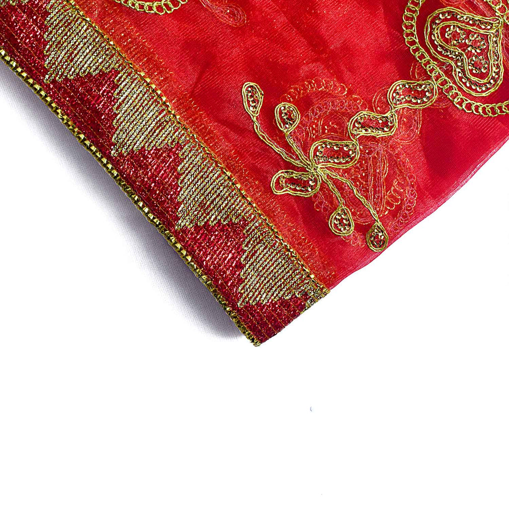 Premium Mata Ki Chunri with golden embroidered vertical patterns featuring traditional floral and swirl designs. This Chunri measures 216 cm (85 inches) in length and 100 cm (39 inches) in height, making it ideal for Devi Puja, temple offerings, and festive celebrations like Navratri and Durga Puja. The rich golden border enhances its elegance and sacred significance.

Shop Big Size Mata Ki Chunri, Devi Chunri for Puja, and more at Satvik Store. A perfect offering for temple rituals and religious ceremonies