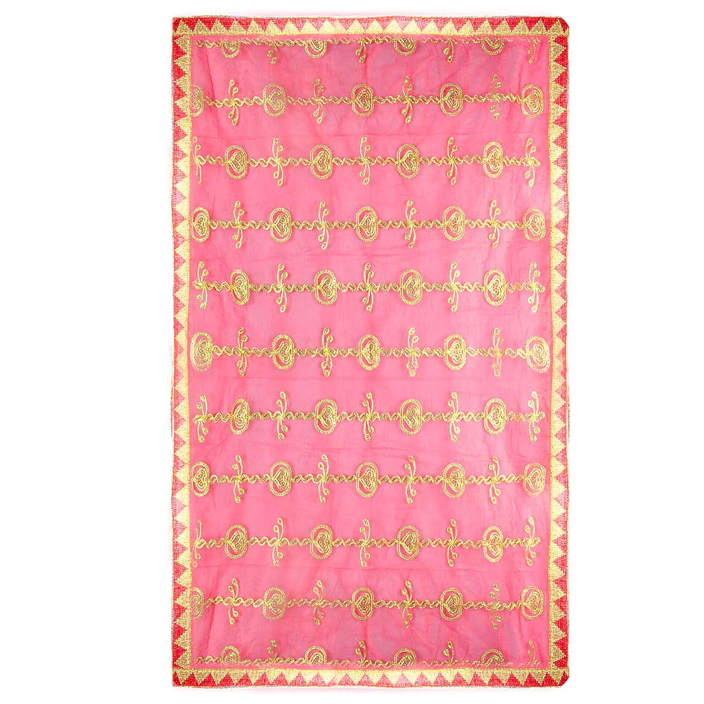 Premium Mata Ki Chunri with golden embroidered vertical patterns featuring traditional floral and swirl designs. This Chunri measures 216 cm (85 inches) in length and 100 cm (39 inches) in height, making it ideal for Devi Puja, temple offerings, and festive celebrations like Navratri and Durga Puja. The rich golden border enhances its elegance and sacred significance.

Shop Big Size Mata Ki Chunri, Devi Chunri for Puja, and more at Satvik Store. A perfect offering for temple rituals and religious ceremonies