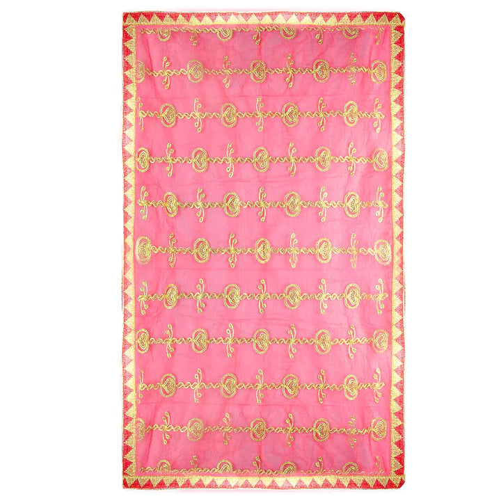 Premium Mata Ki Chunri with golden embroidered vertical patterns featuring traditional floral and swirl designs. This Chunri measures 216 cm (85 inches) in length and 100 cm (39 inches) in height, making it ideal for Devi Puja, temple offerings, and festive celebrations like Navratri and Durga Puja. The rich golden border enhances its elegance and sacred significance.

Shop Big Size Mata Ki Chunri, Devi Chunri for Puja, and more at Satvik Store. A perfect offering for temple rituals and religious ceremonies