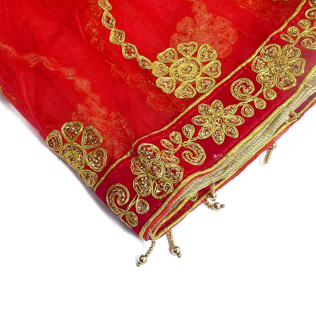 Elegant Mata Ki Chunri featuring intricate golden wave-like embroidery, perfect for Devi Puja, temple offerings, and religious ceremonies. Measuring 214 cm (84 inches) in length and 103 cm (40.5 inches) in height, this Chunri is crafted from high-quality fabric with ornate gold detailing. Ideal for Navratri, Durga Puja, and festive decorations.

Shop Designer Mata Ki Chunri, Traditional Devi Chunri, and more at Satvik Store for authentic spiritual products.