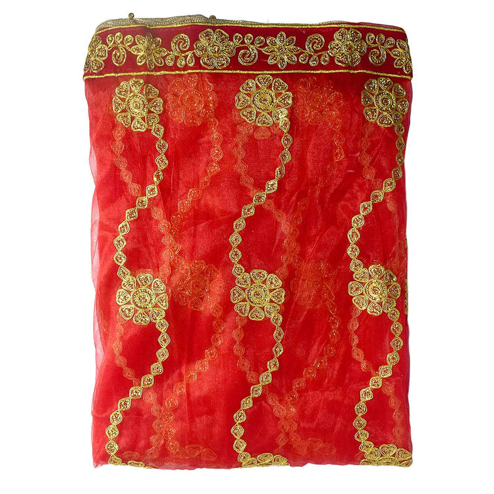 Elegant Mata Ki Chunri featuring intricate golden wave-like embroidery, perfect for Devi Puja, temple offerings, and religious ceremonies. Measuring 214 cm (84 inches) in length and 103 cm (40.5 inches) in height, this Chunri is crafted from high-quality fabric with ornate gold detailing. Ideal for Navratri, Durga Puja, and festive decorations.

Shop Designer Mata Ki Chunri, Traditional Devi Chunri, and more at Satvik Store for authentic spiritual products.