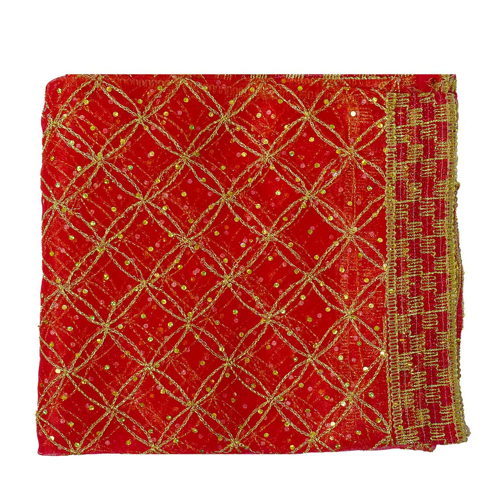 Beautiful Mata Ki Chunri in red and gold, measuring 208 cm in length and 104 cm in height. This traditional dupatta is adorned with intricate golden embroidery and a decorative border, perfect for offering during pooja and religious ceremonies. Available at Satvik Store.