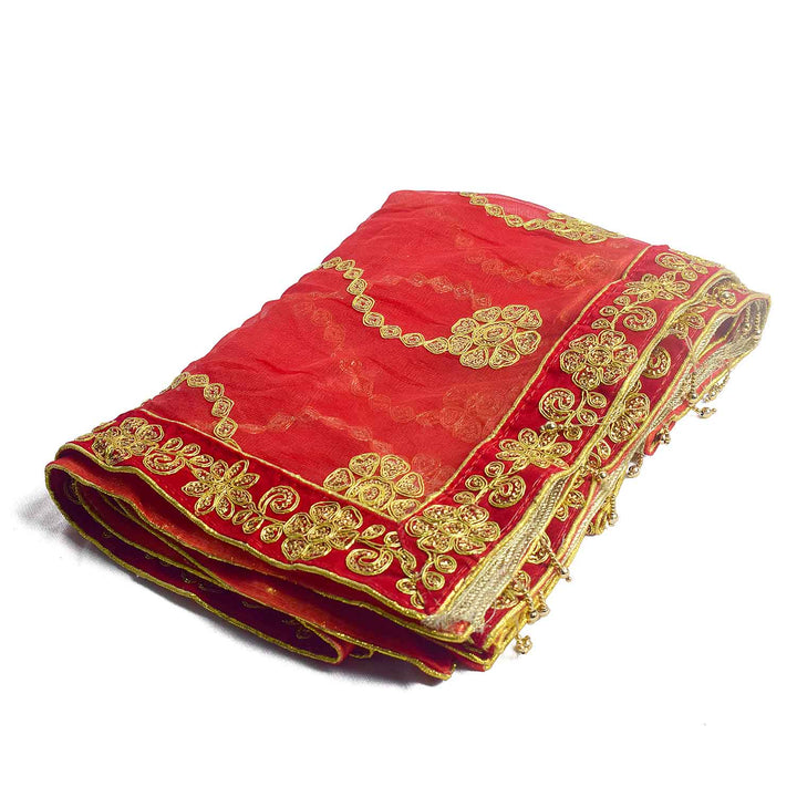 Elegant Mata Ki Chunri featuring intricate golden wave-like embroidery, perfect for Devi Puja, temple offerings, and religious ceremonies. Measuring 214 cm (84 inches) in length and 103 cm (40.5 inches) in height, this Chunri is crafted from high-quality fabric with ornate gold detailing. Ideal for Navratri, Durga Puja, and festive decorations.

Shop Designer Mata Ki Chunri, Traditional Devi Chunri, and more at Satvik Store for authentic spiritual products.