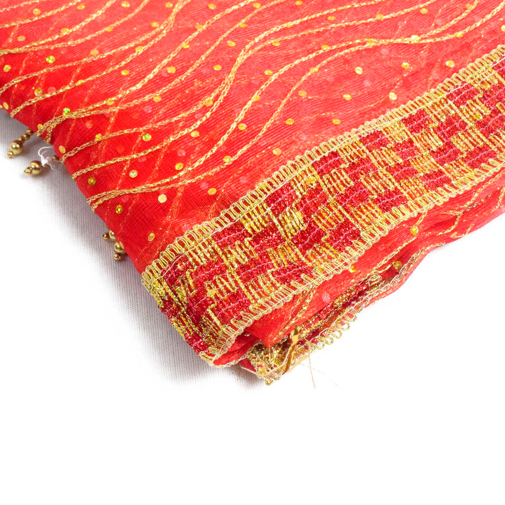 Traditional Mata Ki Chunri in red and gold, measuring 214 cm (84 inches) in length and 104 cm (41 inches) in height. Designed with intricate golden embroidery and a decorative border, this auspicious dupatta is ideal for pooja rituals, temple offerings, and festive occasions. Available at Satvik Store.