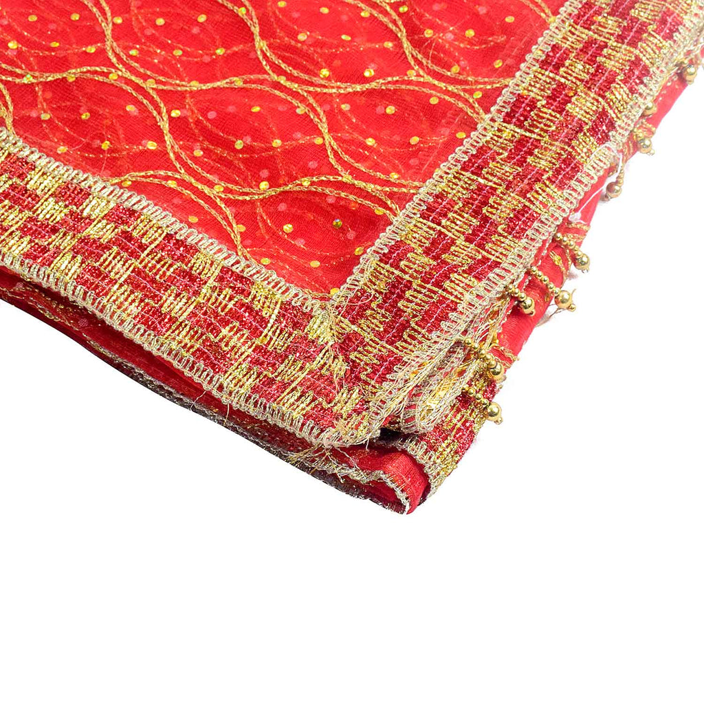 Beautiful Mata Ki Chunri in red and gold, measuring 204 cm in length and 102 cm in height. This traditional dupatta is adorned with intricate golden embroidery and a decorative border, perfect for offering during pooja and religious ceremonies. Available at Satvik Store.