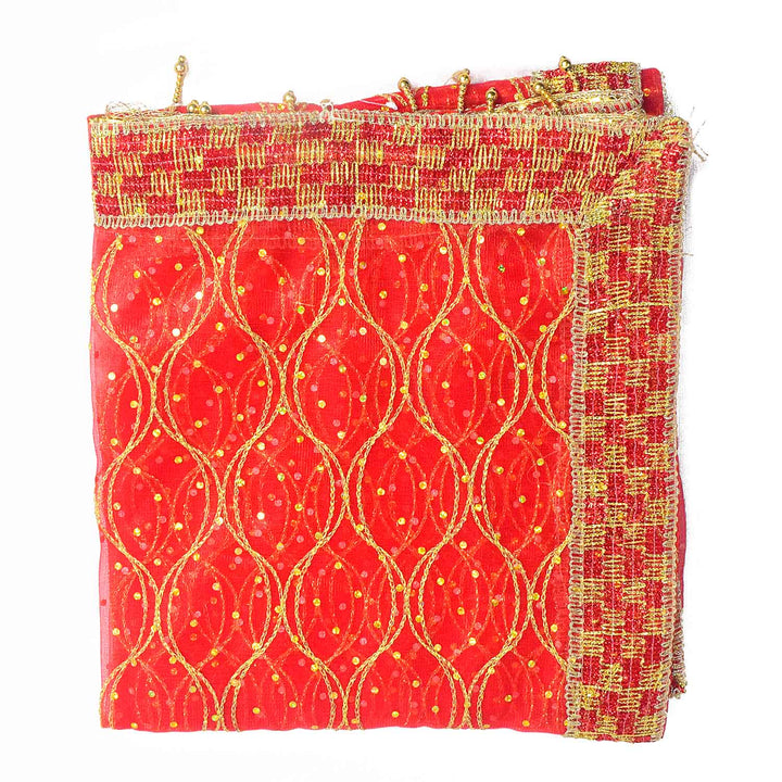 Beautiful Mata Ki Chunri in red and gold, measuring 204 cm in length and 102 cm in height. This traditional dupatta is adorned with intricate golden embroidery and a decorative border, perfect for offering during pooja and religious ceremonies. Available at Satvik Store.