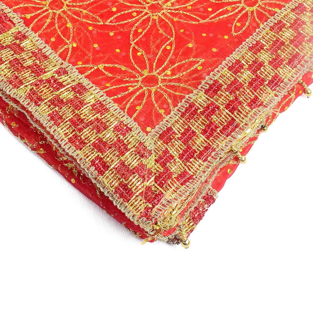 Traditional Mata Ki Chunri in red and gold, measuring 208 cm in length and 108 cm in height. Adorned with intricate golden embroidery and a beautifully designed border, this auspicious chunni is perfect for pooja rituals, temple offerings, and festive celebrations. Available at Satvik Store.