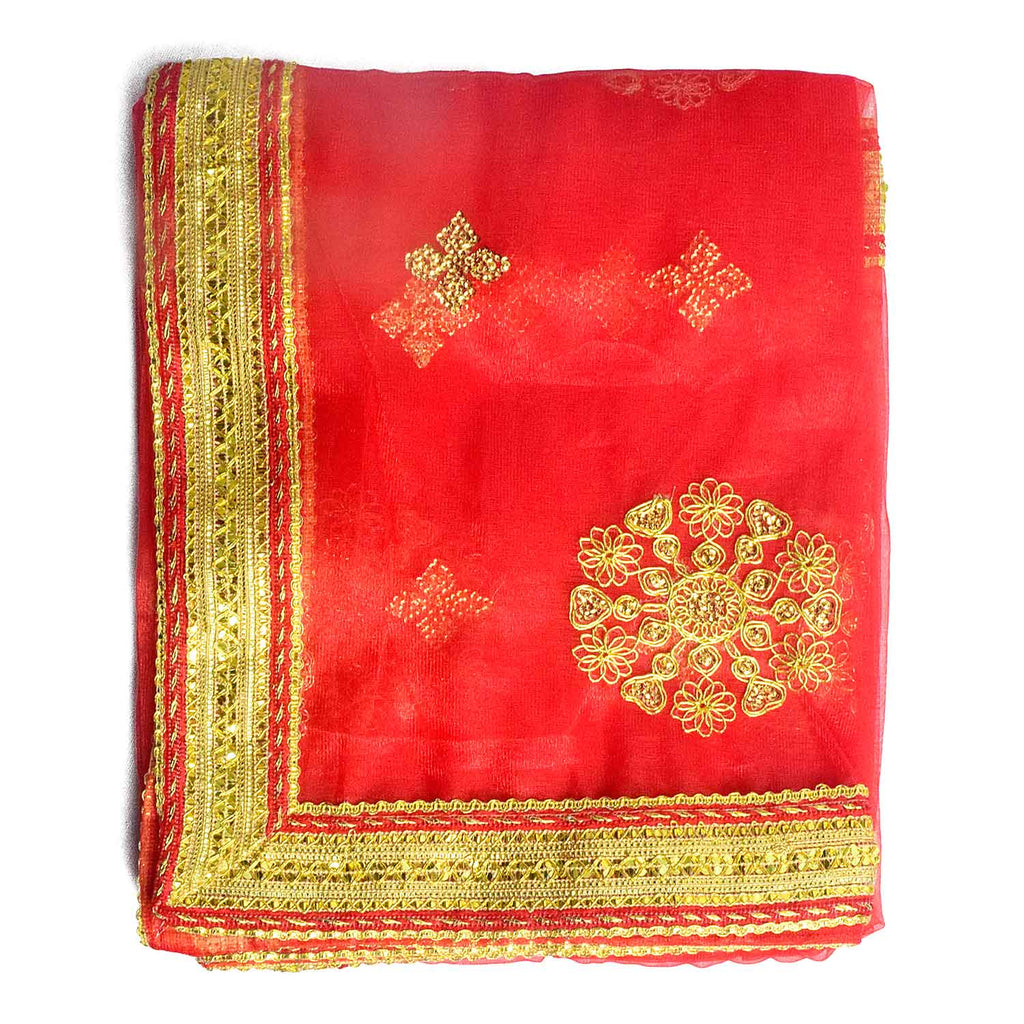 Sacred Mata Ki Chunri in red and gold, measuring 214 cm (84 inches) in length and 110 cm (43 inches) in height. This divine dupatta showcases an elegant design with golden floral circular motifs and small diamond-shaped patterns, representing spirituality and devotion. The shimmering fabric is enhanced with a rich golden border, making it perfect for pooja rituals, temple offerings, and festive celebrations.

Shop Matarani Ki Chunri, Mata Ki Chunni Online, and Big Size Chunni Online at Satvik Store. Get hig