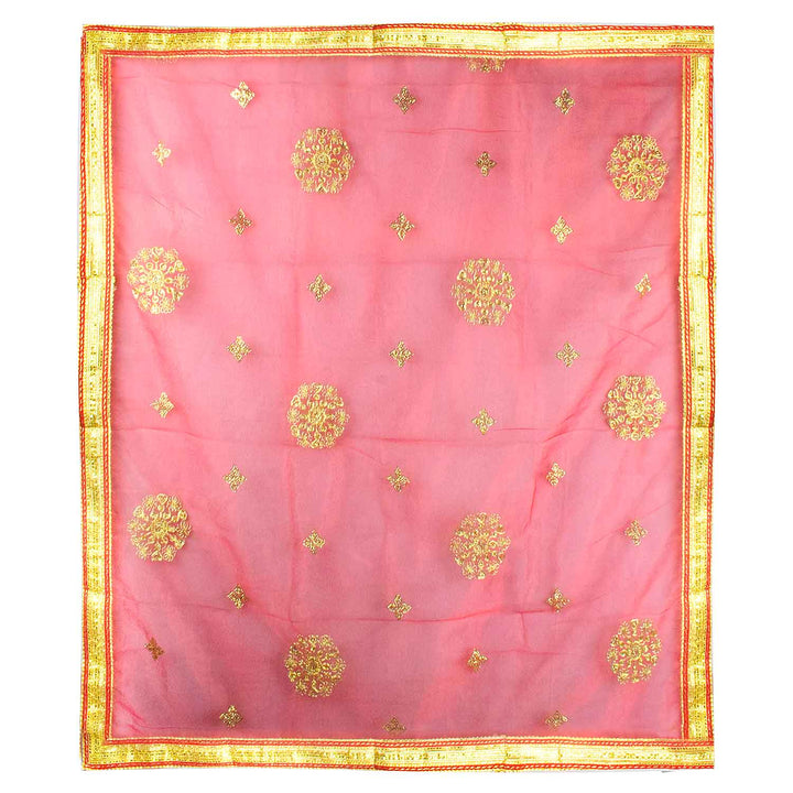 Sacred Mata Ki Chunri in red and gold, measuring 214 cm (84 inches) in length and 110 cm (43 inches) in height. This divine dupatta showcases an elegant design with golden floral circular motifs and small diamond-shaped patterns, representing spirituality and devotion. The shimmering fabric is enhanced with a rich golden border, making it perfect for pooja rituals, temple offerings, and festive celebrations.

Shop Matarani Ki Chunri, Mata Ki Chunni Online, and Big Size Chunni Online at Satvik Store. Get hig