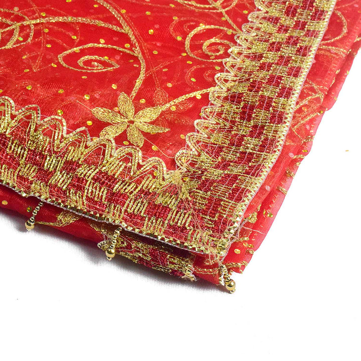 Traditional Mata Ki Chunri in red and gold, measuring 214 cm (84 inches) in length and 104 cm (41 inches) in height. This divine dupatta features an intricate golden floral vine pattern with delicate leaves and star-shaped motifs, symbolizing prosperity and devotion. The shimmering fabric is complemented by a richly designed golden border, enhancing its elegance. Ideal for pooja rituals, temple offerings, and festive celebrations.

Shop Matarani Ki Chunri, Mata Ki Chunni Online, and Big Size Chunni Online 