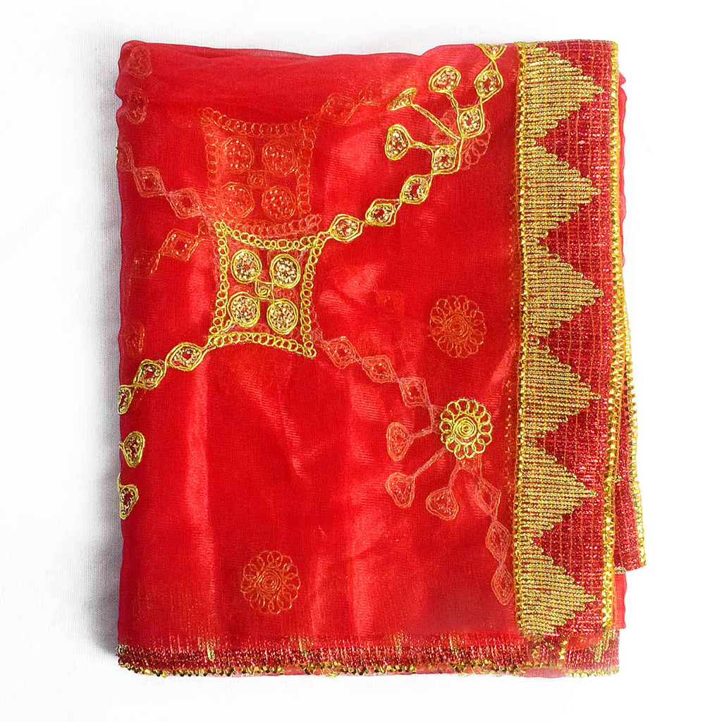 Elegant Mata Ki Chunri with beautiful golden embroidery, perfect for Devi Puja, temple offerings, and religious rituals. Measuring 218 cm (86 inches) in length and 104 cm (41 inches) in height, this Chunri is made from premium fabric with intricate gold detailing. Ideal for Navratri, Durga Puja, and festive decorations.

Shop Exclusive Mata Ki Chunri, Large Devi Chunri, and more at Satvik Store for authentic spiritual products.