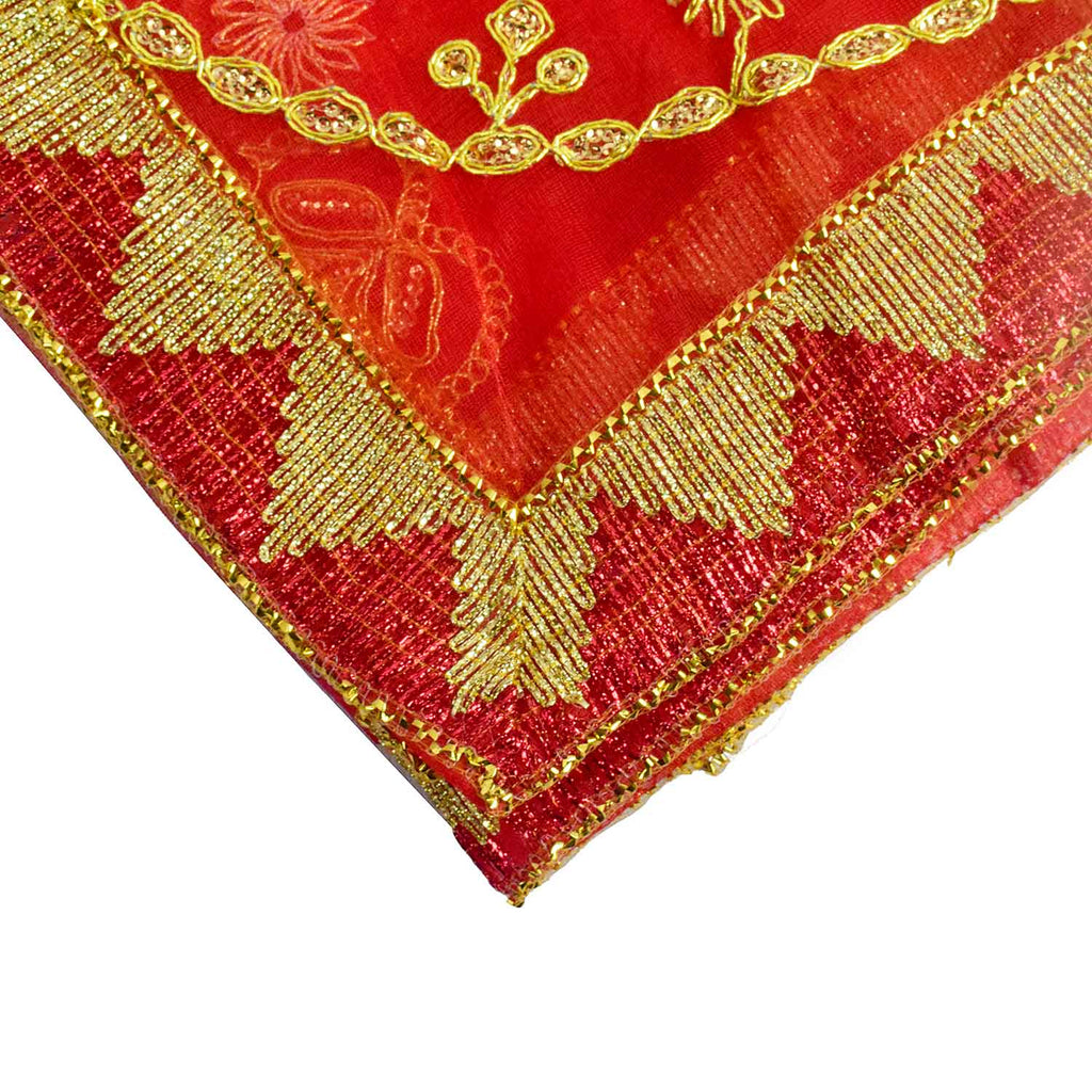 Divine Mata Ki Chunri in a striking red-pink shade, adorned with intricate golden embroidery featuring symmetrical floral and chain motifs. Measuring 220 cm (87 inches) in length and 103 cm (40 inches) in height, this Chunri is ideal for Mata Rani’s Prasad, temple offerings, and Devi puja during Navratri. The border showcases a traditional golden triangular pattern, adding a regal touch.

Shop Matarani Ki Chunri, Mata Ki Chunni Online, Mata Ki Chunni Big Size, and more at Satvik Store. Discover the perfect 