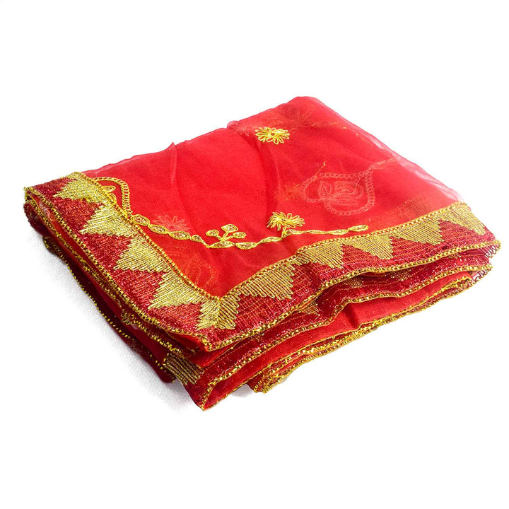 Divine Mata Ki Chunri in a striking red-pink shade, adorned with intricate golden embroidery featuring symmetrical floral and chain motifs. Measuring 220 cm (87 inches) in length and 103 cm (40 inches) in height, this Chunri is ideal for Mata Rani’s Prasad, temple offerings, and Devi puja during Navratri. The border showcases a traditional golden triangular pattern, adding a regal touch.

Shop Matarani Ki Chunri, Mata Ki Chunni Online, Mata Ki Chunni Big Size, and more at Satvik Store. Discover the perfect 