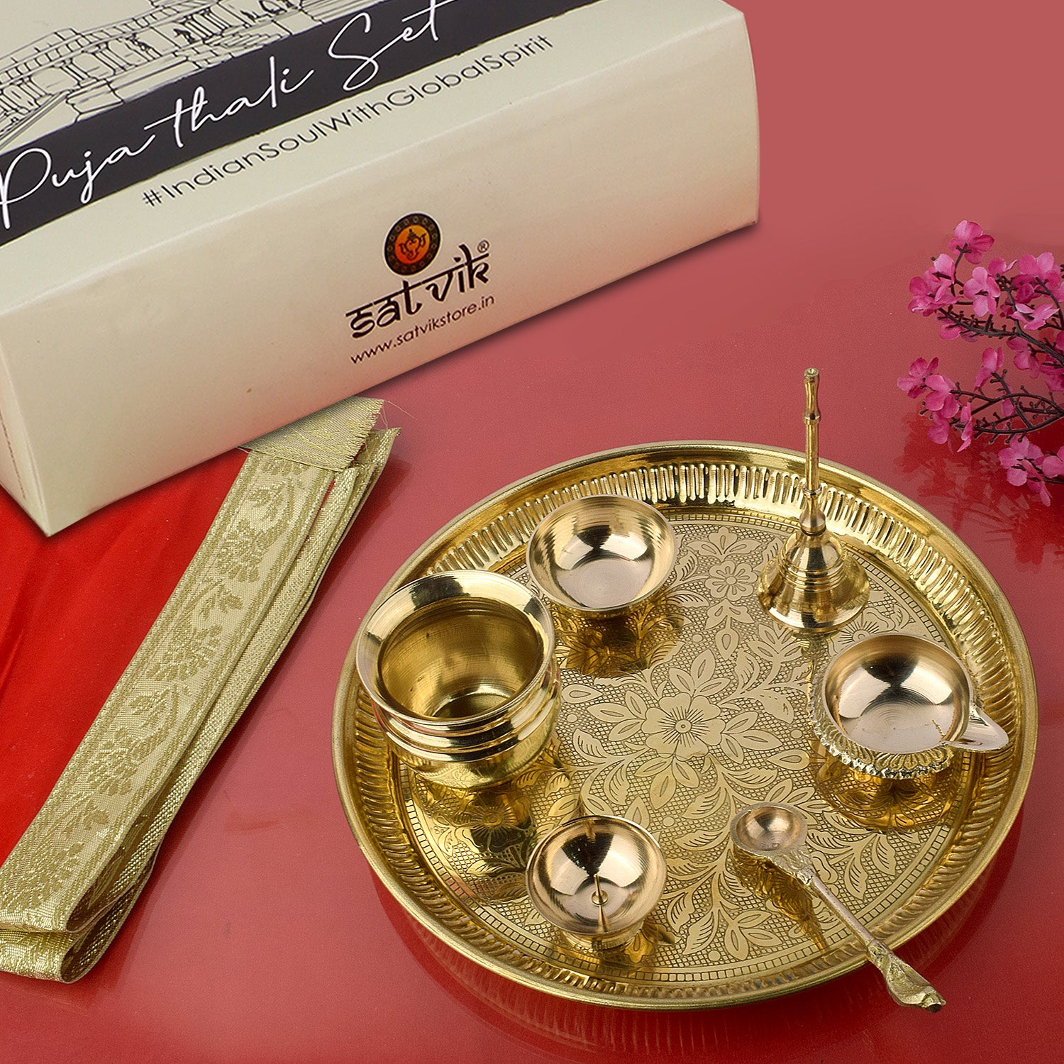 Special Small Hand Crafted Brass Navratri Diwali Special Puja Thali Set of  7 Pure Pital Pooja Thali Set
