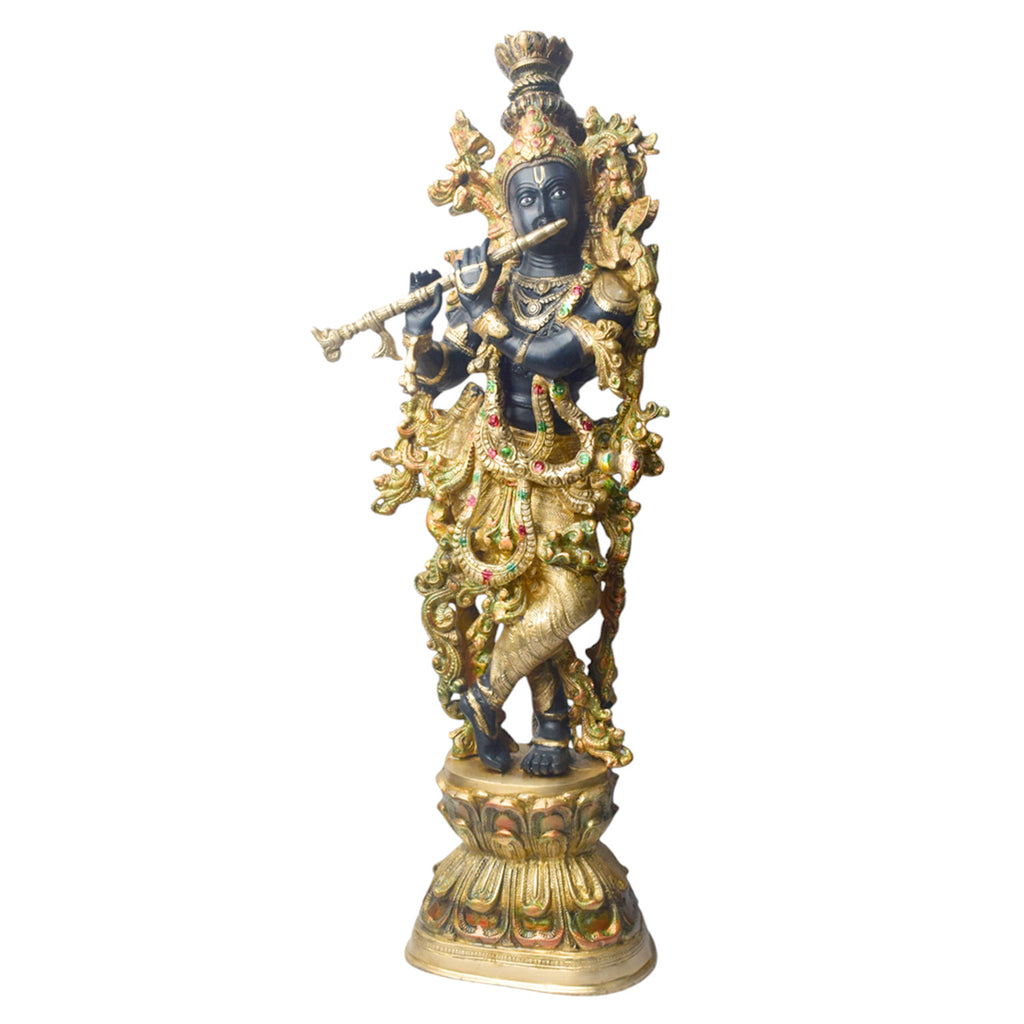  Elevate your space with the majestic 28-inch Brass Krishna Sculpture, designed with exquisite artistic detailing. This grand piece beautifully depicts Lord Krishna in a graceful and serene posture, showcasing intricate craftsmanship that highlights every delicate feature. 