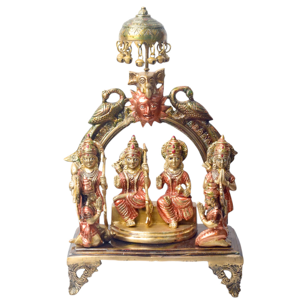 Enhance your spiritual space with this beautifully crafted 13.5-inch Brass Ram Panchayat Idol. Featuring the revered figures of Lord Ram, Sita, Lakshman, and Hanuman, this idol beautifully represents the harmony, strength, and devotion of the Ramayan. 