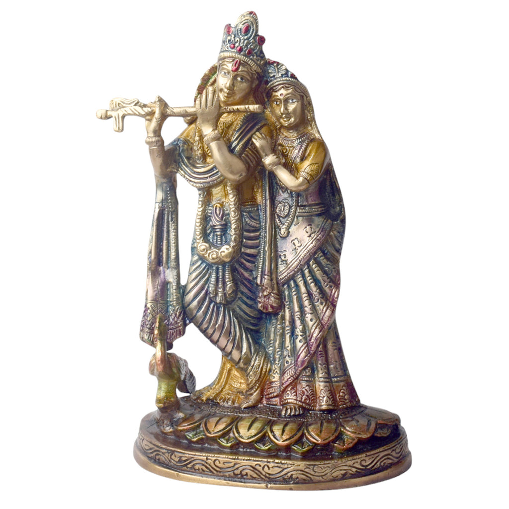 The 10 Inch Radha Krishna Idol for Your Altar is a stunning depiction of divine love and spiritual harmony. Crafted with exquisite attention to detail, this idol beautifully portrays Radha and Krishna in a graceful pose, with Krishna playing his flute and Radha radiating serenity and devotion.