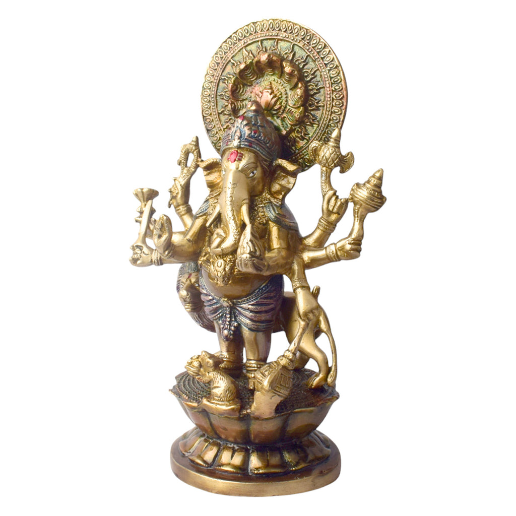 The "11.6 Inch Ganesh Idol" is a majestic and detailed representation of Lord Ganesha, embodying divine presence, prosperity, and new beginnings. Standing at 11.6 inches tall, this idol features intricate craftsmanship, capturing Ganesha’s serene expression and symbolic attributes, including his axe, lotus, and modak.