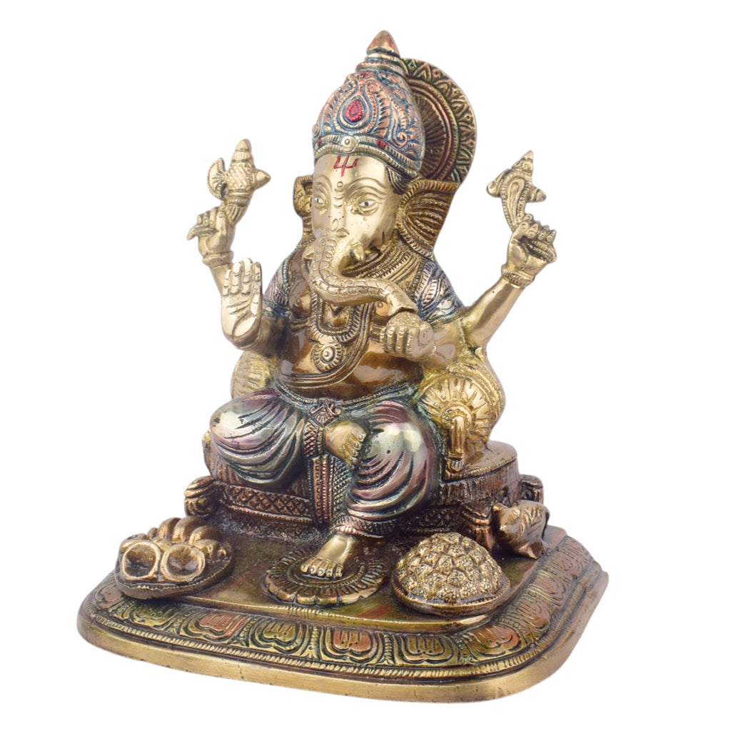 The "9.1 Inch Sacred Ganesh Idol" is a beautifully crafted statue of Lord Ganesha, symbolizing wisdom, success, and the removal of obstacles. Standing at 9.1 inches tall, it features intricate detailing and traditional attributes like the axe, lotus, and modak.