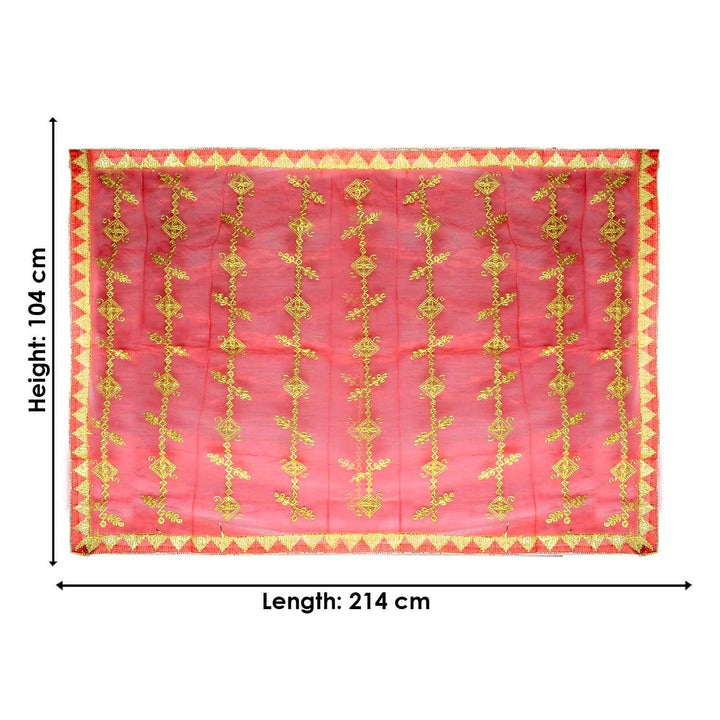 Graceful Mata Ki Chunri in a vibrant red-pink shade, embellished with vertical golden embroidery featuring intricate floral and chain patterns. This Chunri measures 214 cm (84 inches) in length and 104 cm (41 inches) in height, making it ideal for Devi puja, temple offerings, and Navratri celebrations. The border is adorned with a traditional golden triangular design, adding a divine touch.

Explore Matarani Ki Chunri, Big Size Mata Ki Chunni, and more at Satvik Store. Perfect for puja rituals