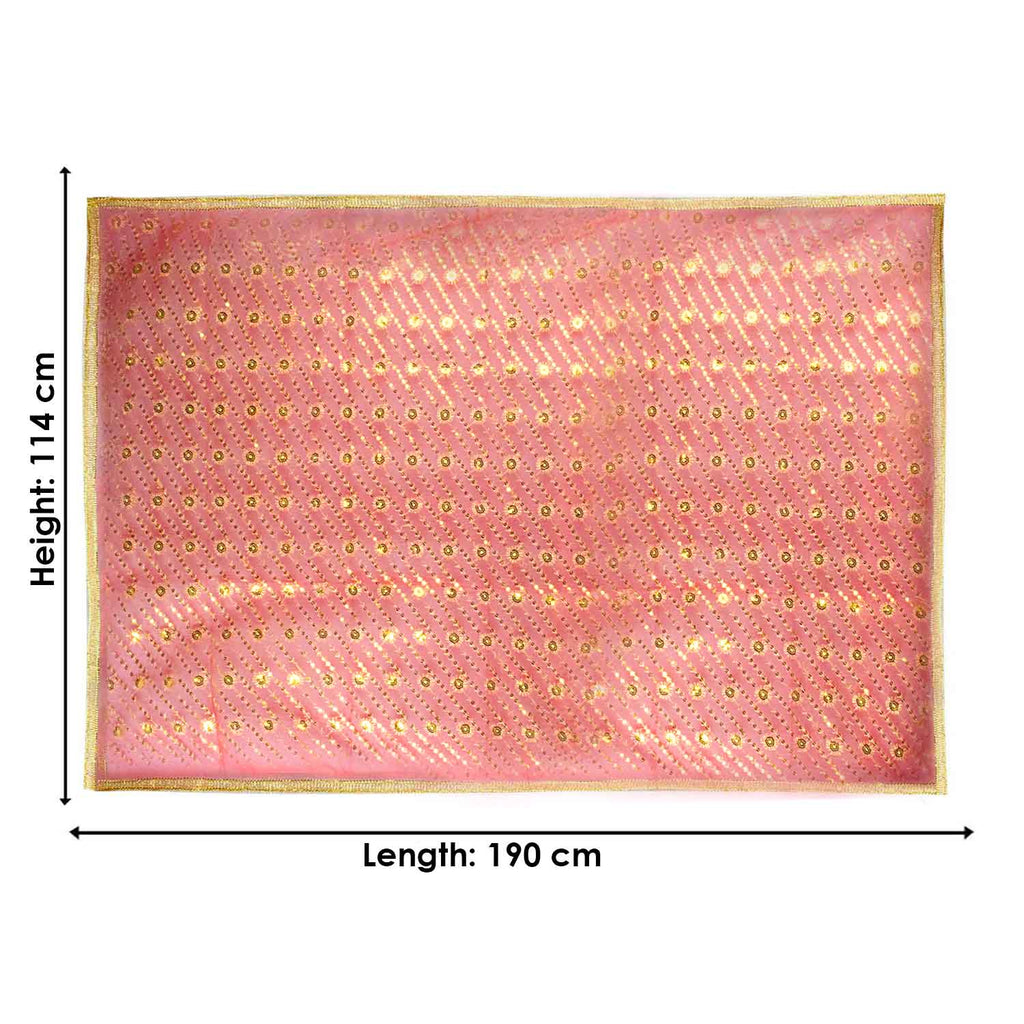 Graceful Mata Ki Chunri in a soft red-pink hue with intricate golden detailing, measuring 190 cm (75 inches) in length and 114 cm (45 inches) in height. The delicate pattern consists of small golden floral motifs arranged in diagonal rows, complemented by a shimmering gold border. This devotional chunri is ideal for temple rituals, Devi puja, Navratri offerings, and religious ceremonies.

Shop Matarani Ki Chunri, Mata Ki Chunni Online, Mata Ki Chunni Big Size, and more at Satvik Store. Find the perfect Big 