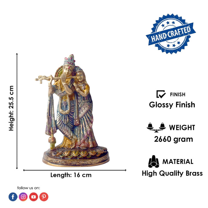 The 10 Inch Radha Krishna Idol for Your Altar is a stunning depiction of divine love and spiritual harmony. Crafted with exquisite attention to detail, this idol beautifully portrays Radha and Krishna in a graceful pose, with Krishna playing his flute and Radha radiating serenity and devotion.