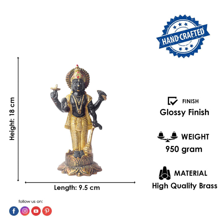 This elegant brass statue of Lord Vishnu seated on the mighty Seshnag is a powerful symbol of divine protection, balance, and cosmic order. The intricate craftsmanship beautifully depicts Lord Vishnu in his serene and majestic form, with the multi-headed Seshnag providing a protective canopy.