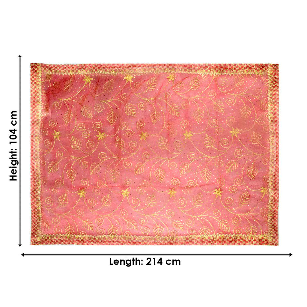 Traditional Mata Ki Chunri in red and gold, measuring 214 cm (84 inches) in length and 104 cm (41 inches) in height. This divine dupatta features an intricate golden floral vine pattern with delicate leaves and star-shaped motifs, symbolizing prosperity and devotion. The shimmering fabric is complemented by a richly designed golden border, enhancing its elegance. Ideal for pooja rituals, temple offerings, and festive celebrations.

Shop Matarani Ki Chunri, Mata Ki Chunni Online, and Big Size Chunni Online a