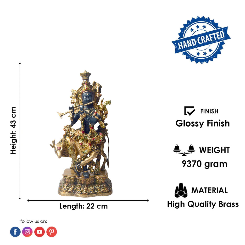 Enhance your space with the divine presence of this 17-inch Brass Krishna Statue with Cow. This beautifully crafted sculpture features Lord Krishna in a serene pose, accompanied by a cow, symbolizing the deep connection between the divine and nature.