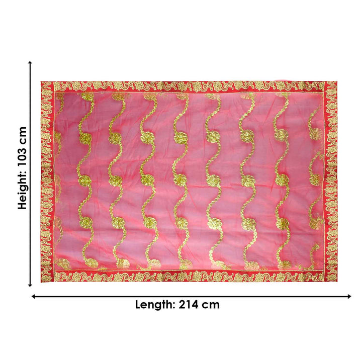 Elegant Mata Ki Chunri featuring intricate golden wave-like embroidery, perfect for Devi Puja, temple offerings, and religious ceremonies. Measuring 214 cm (84 inches) in length and 103 cm (40.5 inches) in height, this Chunri is crafted from high-quality fabric with ornate gold detailing. Ideal for Navratri, Durga Puja, and festive decorations.

Shop Designer Mata Ki Chunri, Traditional Devi Chunri, and more at Satvik Store for authentic spiritual products.