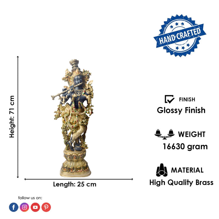  Elevate your space with the majestic 28-inch Brass Krishna Sculpture, designed with exquisite artistic detailing. This grand piece beautifully depicts Lord Krishna in a graceful and serene posture, showcasing intricate craftsmanship that highlights every delicate feature. 